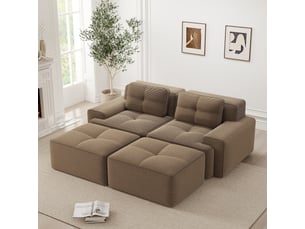 Canapé d'angle, canapé modulable – sans montage, avec pouf, en velours tricoté, forme u, 2 places, marron, style cloud, sans cadre, assise profonde