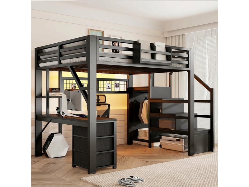  Lit mezzanine 140x200 avec bureau, armoire, 3 tiroirs et éclairage led, métal noir  - Conforama B