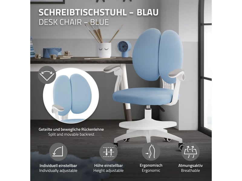  Ml-design chaise de bureau pour enfant 95-107 cm bleu avec dossier divisé et repose-pieds siége d'étude ergonomique pivotant 360° hauteur réglable accoudoirs rabattables tissu respirant confortable  - Conforama C