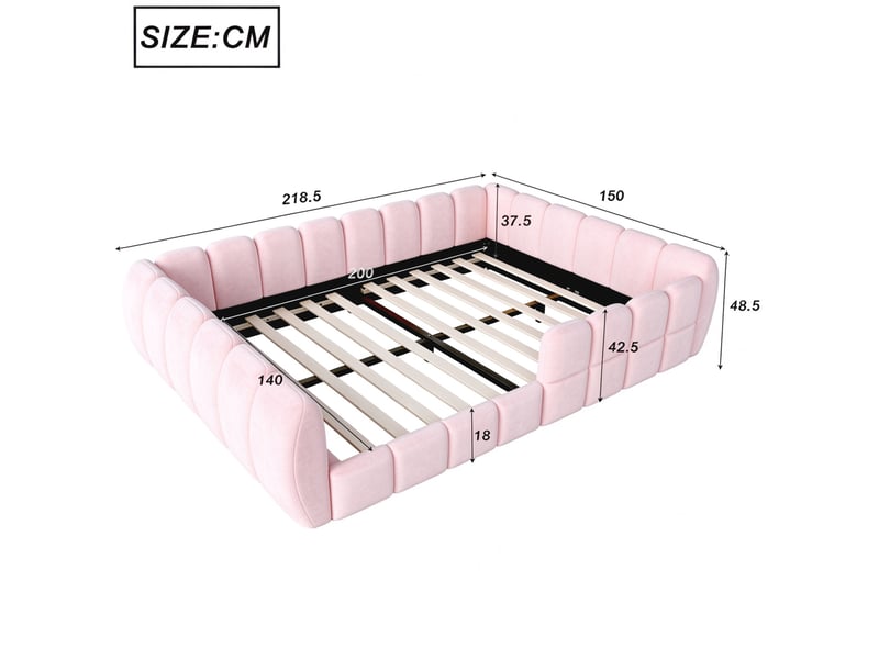  Lit enfant 140 × 200 cm au sol avec cadre entièrement rembourré et angles arrondis en velours rose pour chambre d'enfant  - Conforama C