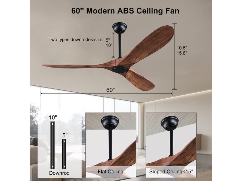Ventilateur de plafond 152 cm noir et noyer foncé, moteur dc réversible, télécommande - Conforama C