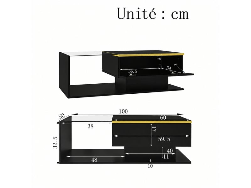  Table basse noire brillante avec éclairage led, 100 x 50 cm  - Conforama C