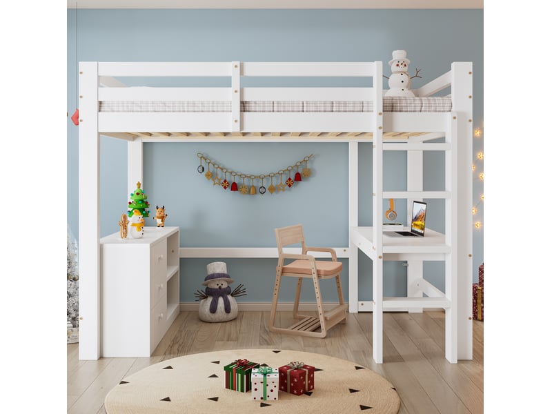  Lit mezzanine enfant avec bureau, meuble à tiroirs et étagère blanc 90 x 200 cm  - Conforama C
