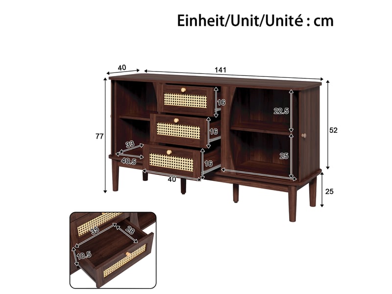 Buffet 141 x 40 x 77 cm avec 3 tiroirs en rotin et 2 portes coulissantes, étagères réglables, mdf coloris noyer - Conforama C