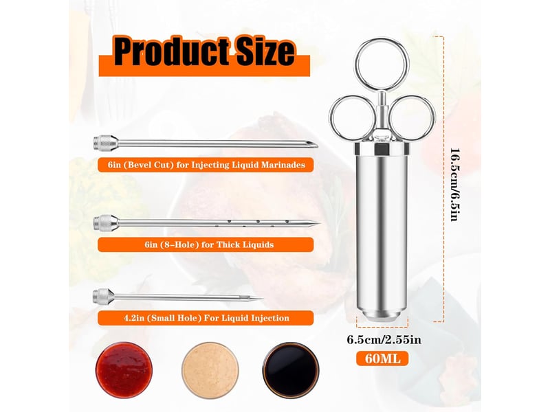 Seringue alimentaire de 60 ml, injecteur de viande en acier inoxydable, seringue à marinade avec 3 aiguilles et 2 brosse de nettoyage NO Commercial reference - Conforama B