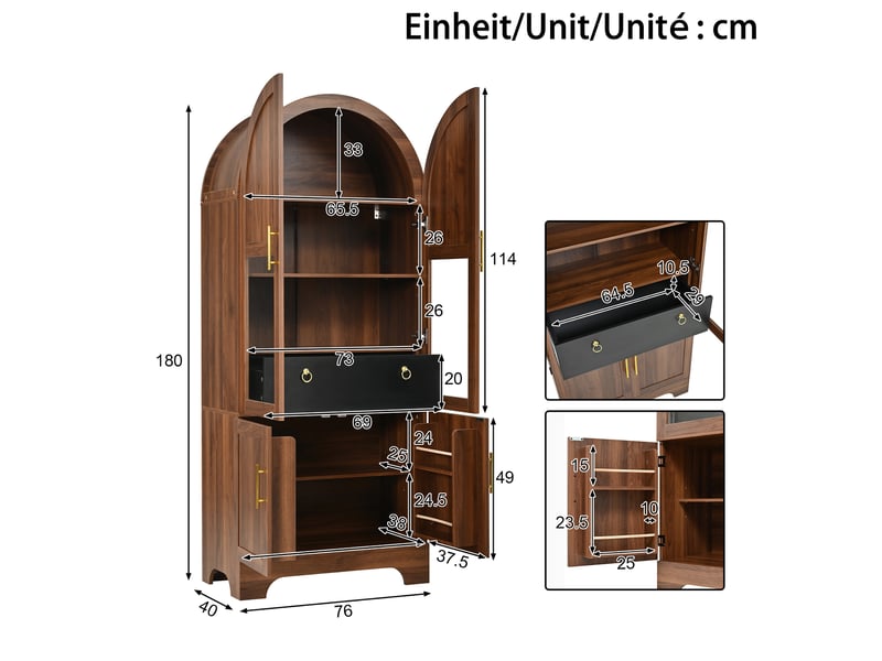 Buffet 76x40x180 cm, forme arquée, éclairage led, 4 portes et 1 tiroir, panneau de particules et mdf, aspect noyer brun  - Conforama C