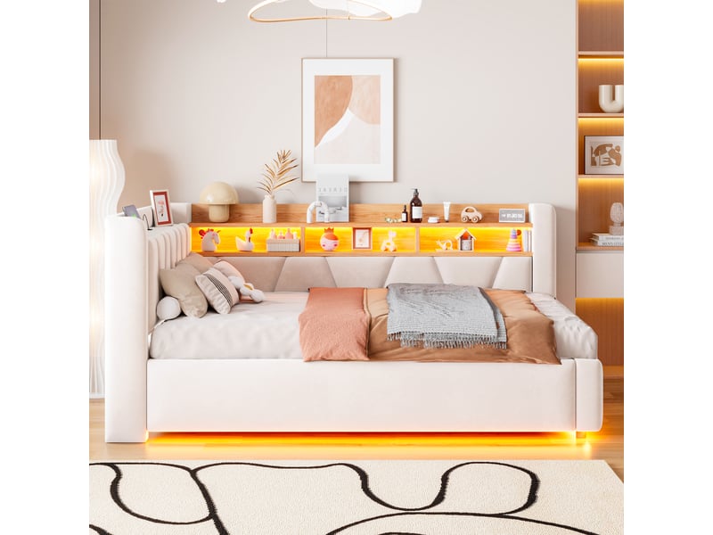 Lit banquette coffre 90 × 200 cm en velours beige, led et usb IKSETERA TRADING LTD - Conforama D