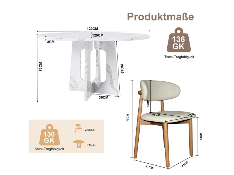  Ensemble table ronde et 2 chaises, table à manger ronde 4 à 6 personnes, effet marbre blanc, mdf et pieds en chêne massif  - Conforama D