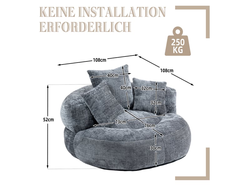  Fauteuil poire modenvie en chenille gris avec dossier haut, accoudoirs et trois coussins 108 x 108 x 52 cm  - Conforama C