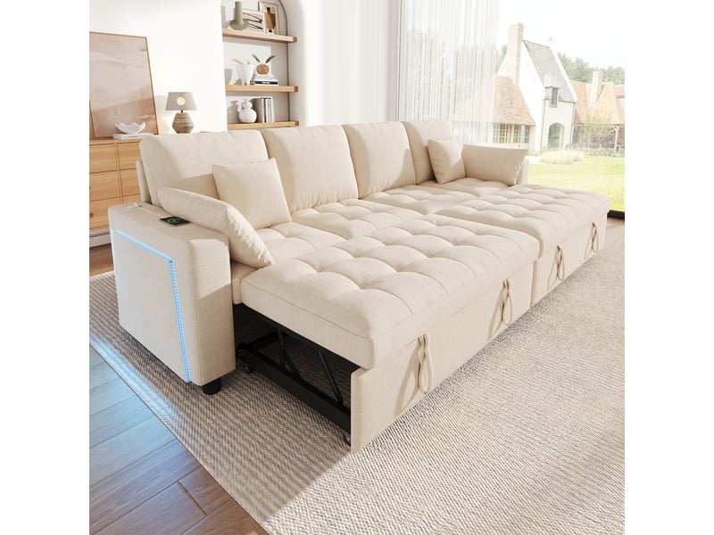  Canapé d’angle convertible 4 places 262,5x140x89 cm, 2 couchages gigognes indépendants, dossier réglable 3 positions, led, usbtype-c, chenille beige  - Conforama C
