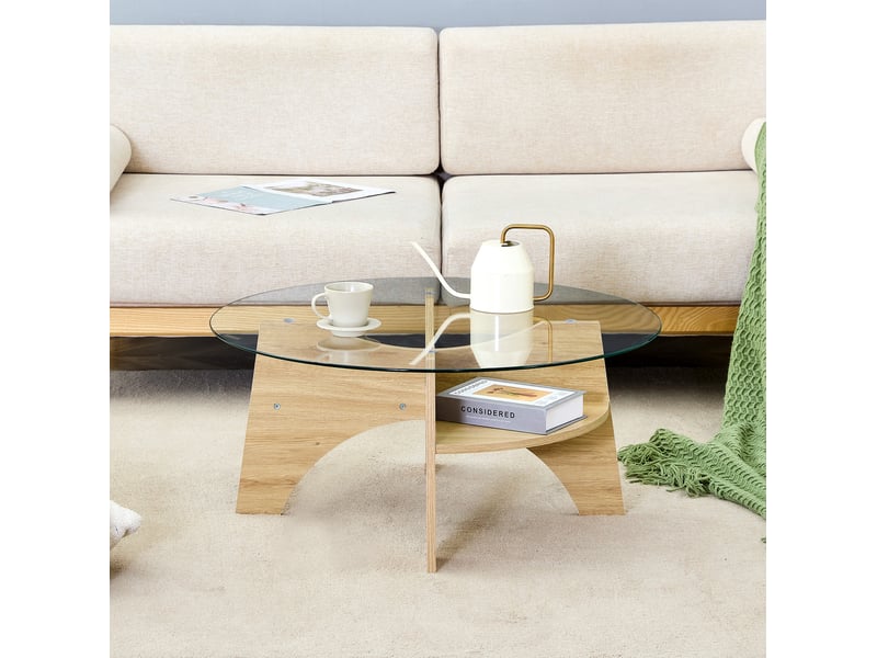  Table basse ronde 80x80x36 cm en verre trempé et mdf effet bois naturel  - Conforama E