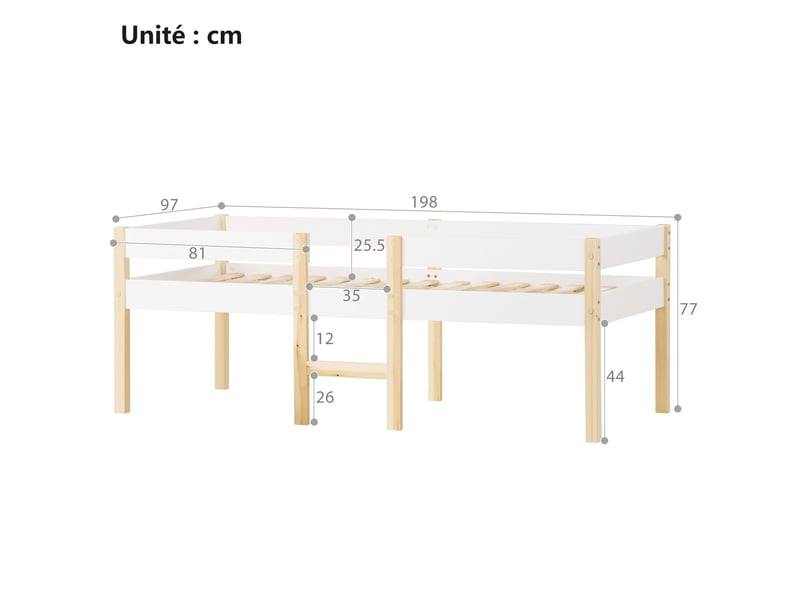 Lit cabane 90x190 cm – lit mezzanine enfant avec protection antichute – sans matelas – blanc - Conforama C