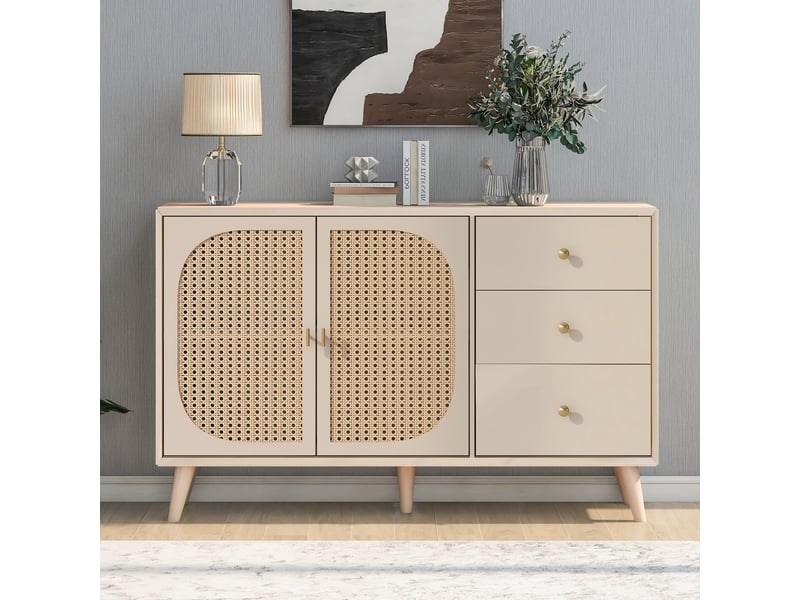  Buffet 120x40x82,5cm avec 3 tiroirs, 2 portes, grand rangement, style tendance, panneaux de particules, off-white  - Conforama W
