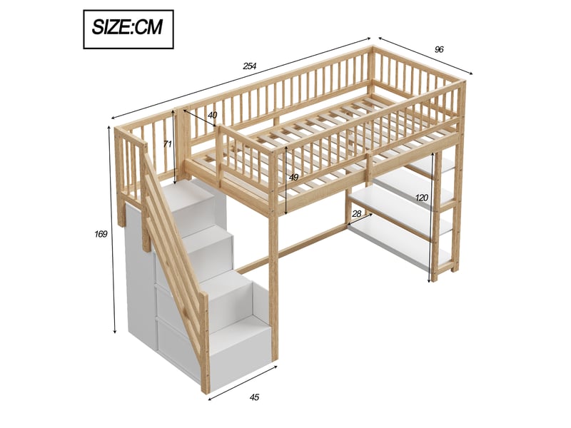  Lit mezzanine enfant 90x200 cm lit surélevé avec escalier à rangements,armoire,étagères,garde-corps,pin massif et mdf,naturel  - Conforama C