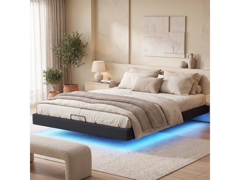  Lit flottant 160x200 cm avec led,lit double rembourré 160x200 cm ,lit de rangement,sommier à lattes,cadre de lit,pu,noir  - Conforama D