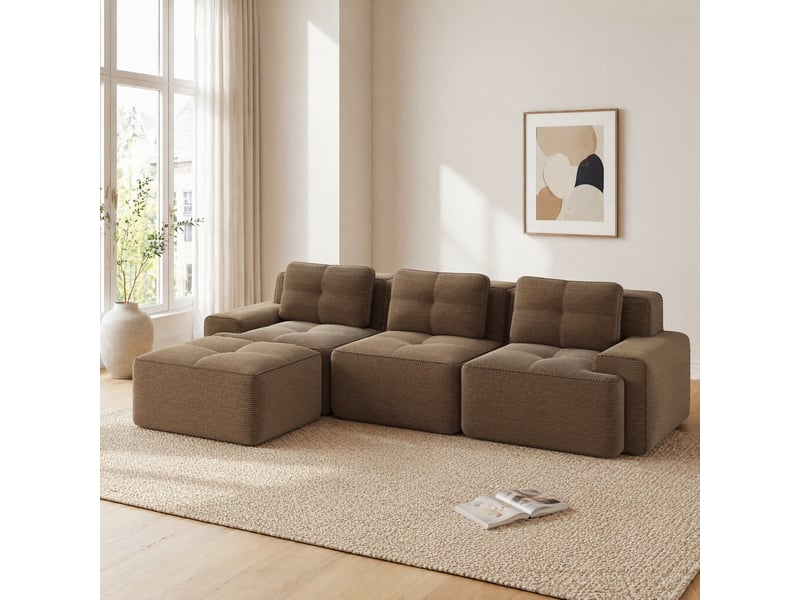  Canapé modulable d'angle 3 places avec ottomane en velours côtelé marron  - Conforama C