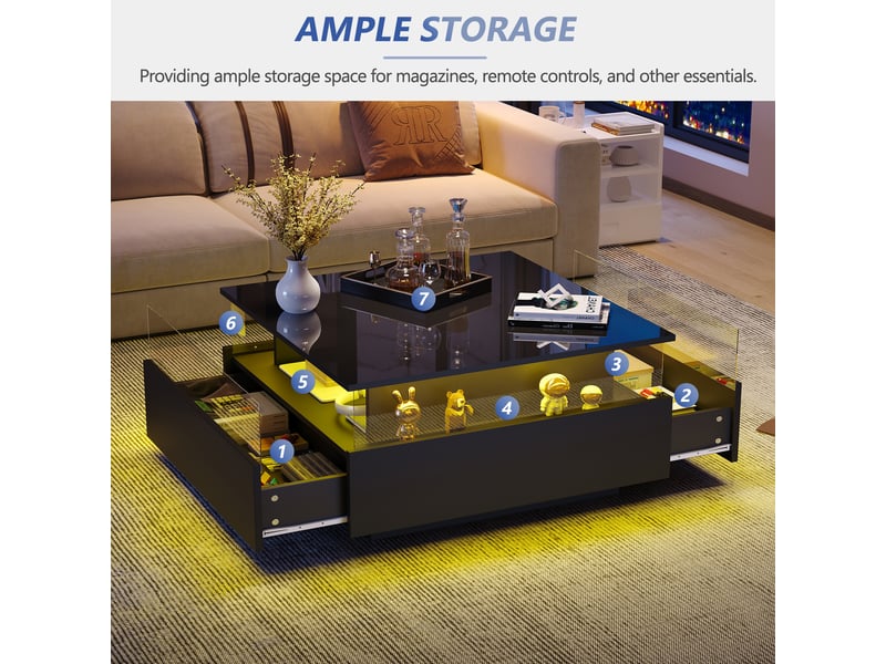  Table basse brillant carrée en panneaux de particules avec lumière led,2 tiroirs et espace de présentation transparent,noir table basse noir - Conforama E