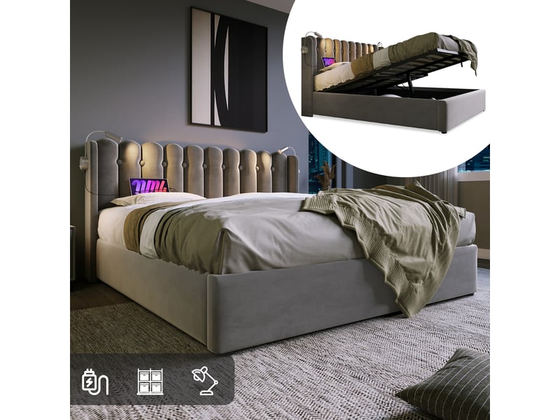  Lit 140x200 cm velours gris – led, ports usb et coffre intégré  - Conforama E