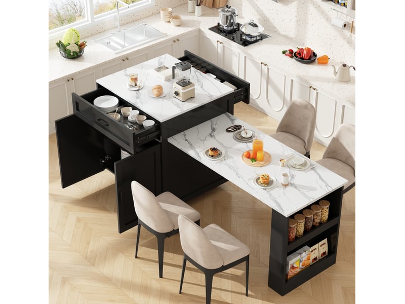  Îlot de cuisine extensible 98-204 cm avec rangement, tiroir et roulettes noir  - Conforama E