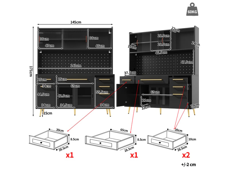  Buffet haut de cuisine 145x39x171 cm – noir – led, rangements modulables, porte vitrée et panneau perforé  - Conforama C