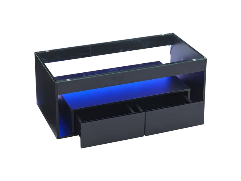  Table basse moderne avec éclairage led, console rectangulaire avec 2 grands tiroirs, table de salon spacieuse en verre, design à double plateau, finition laquée brillante, grande table de salon, noire  - Conforama D