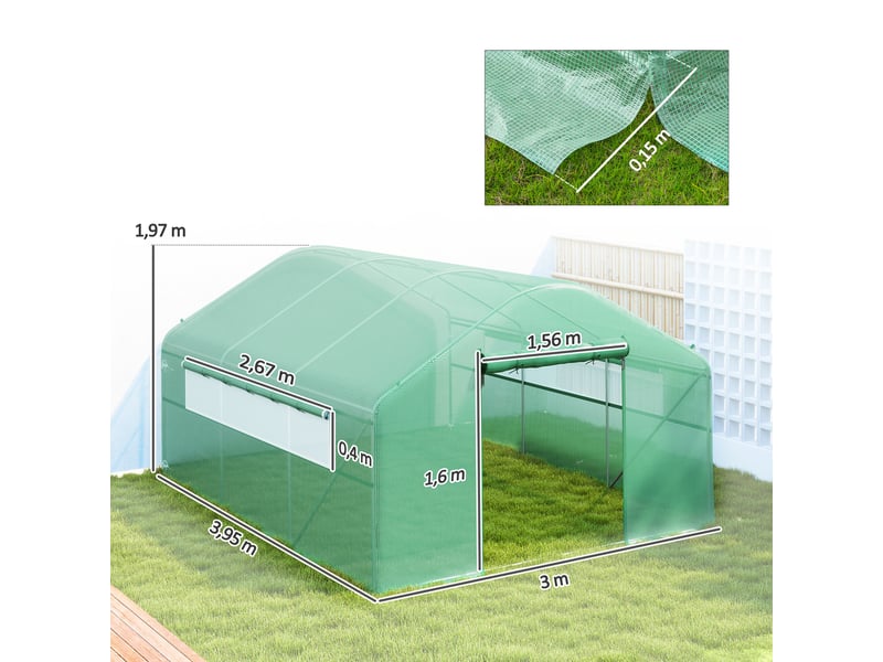 Serre tunnel 4x3x2 m avec 2 fenêtres, bâche en pe anti-uv et 1 porte enroulable avec fermeture éclair (verte) - Conforama E