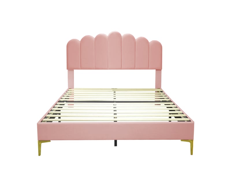  Lit double 140x200 cm en velours rose, tête de lit réglable et sommier à lattes  - Conforama A