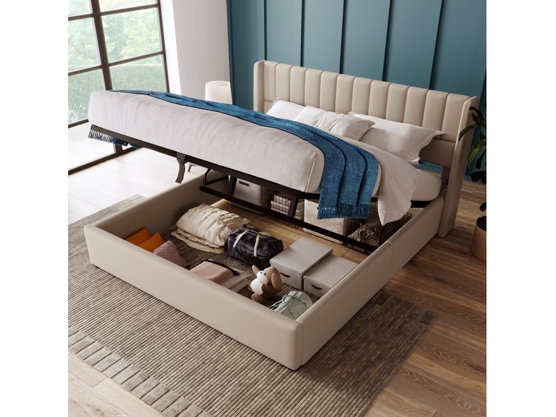  Lit coffre tcqpz 160 x 200 cm hydrauliques avec sommier beige en lin  - Conforama E