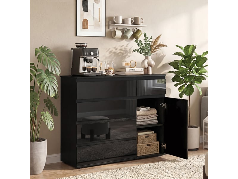  Buffet moderne, buffet de rangement avec 5 tiroirs, étagère réglable, porte à fermeture amortie, noir laqué brillant  - Conforama C