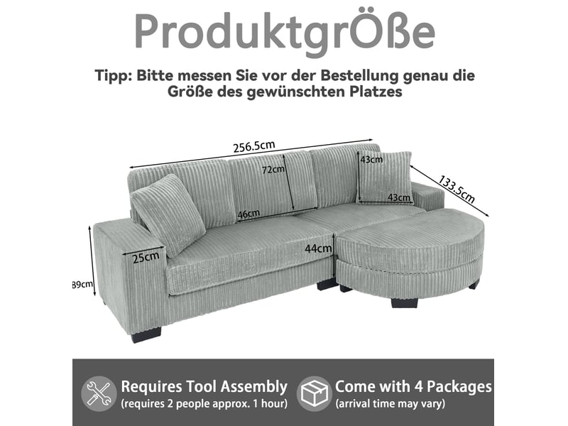  Canapé droit 4 pl 256,5x133,5x89 cm, 2 coussins, avec pouf ovale réversible, canapé salon moderne, finition velours côtelé gris  - Conforama C