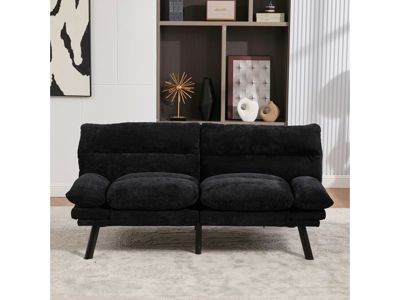  Canapé 2 places 165x90x76 cm dossier réglable accoudoirs ajustables mousse résiliente revêtement chenille noir  - Conforama D