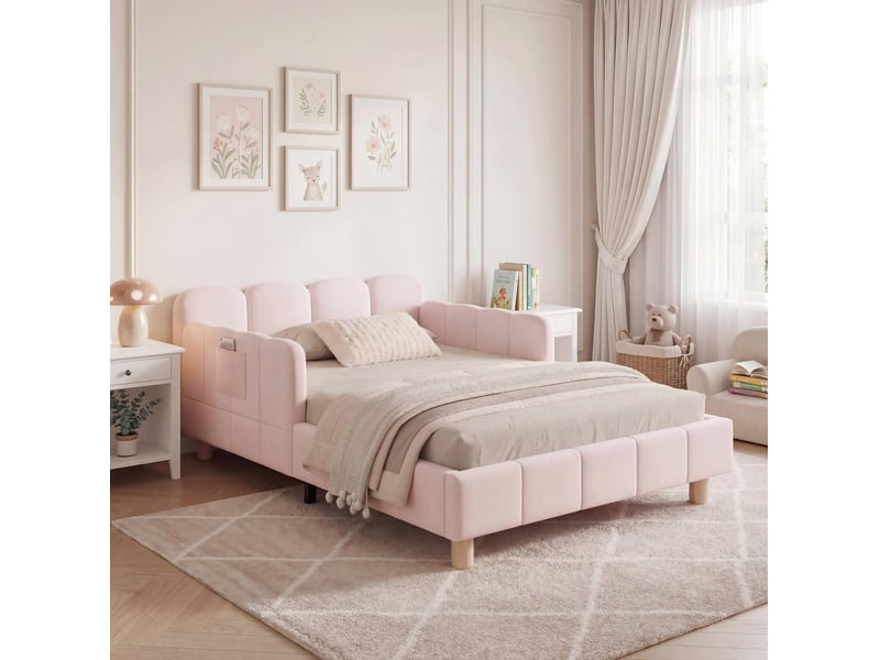  Lit enfant 90x200 cm en velours avec rangement rose  - Conforama D