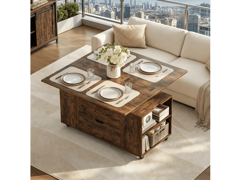  Table basse 50,5x100x53 cm, plateau escamotable, roulettes verrouillables, usage quotidien, pour salon, brun rustique  - Conforama D