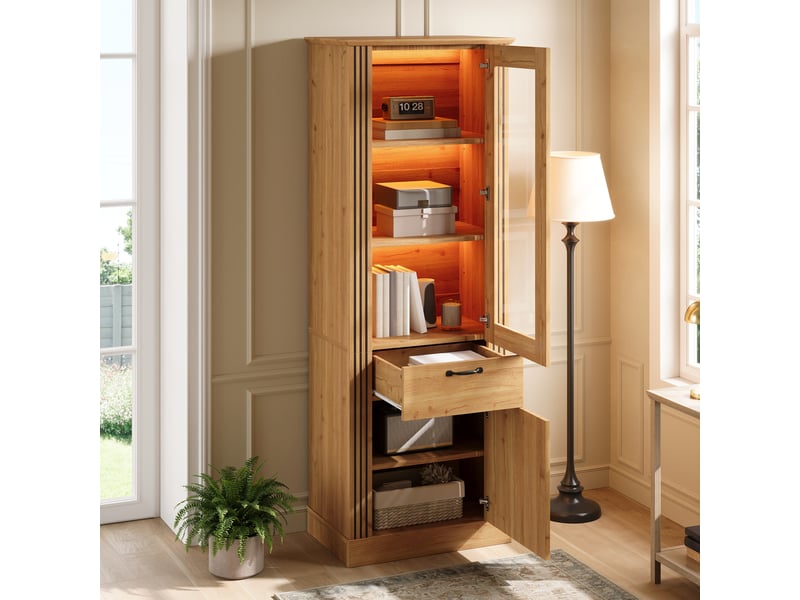  Buffet 62x41x180 cm avec porte, éclairage led piloté par application, tiroir, en panneau de particules, coloris naturel  - Conforama D