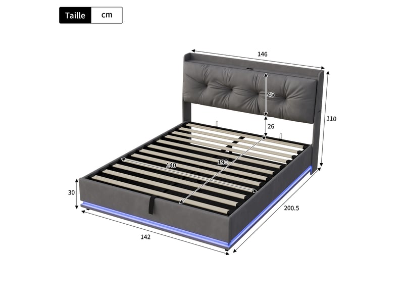  Lit 140x190 avec led et port usb, lit coffre avec tête de lit rembourré et rangement hydraulique, cadre de lit avec sommier à lattes, gris velours  - Conforama B