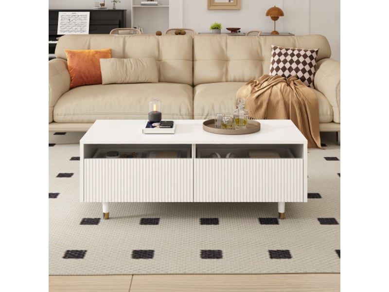 Table basse led moderne ondulée à 2 tiroirs — pieds dorés et blancs, bande lumineuse rgb, meuble tv assorti disponible - Conforama B