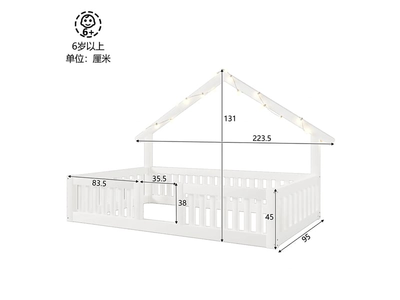  Lit cabane enfant 90x200 en bois avec barrière de sécurité et guirlande led, lit au sol blanc  - Conforama E