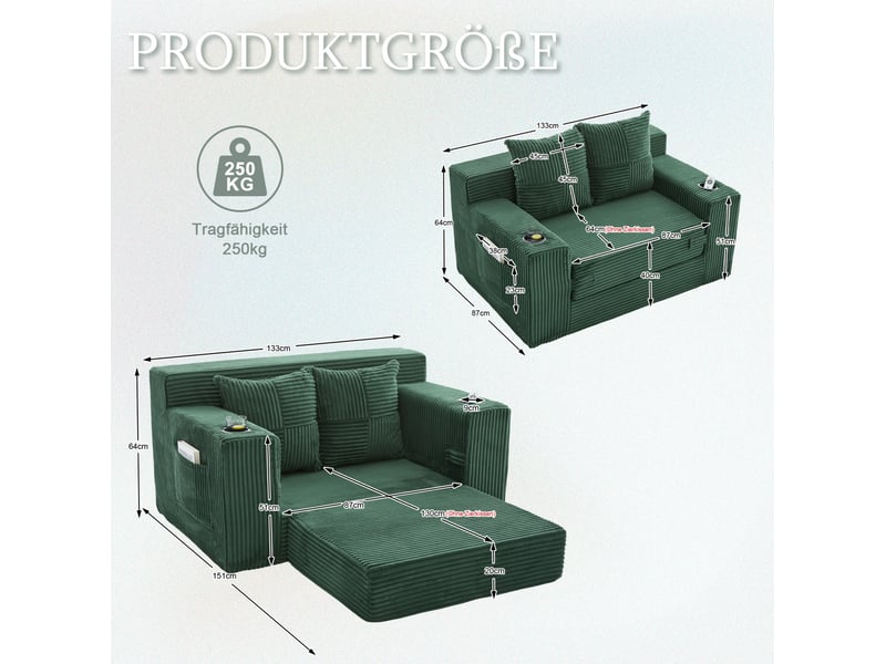  Canapé-lit 2 places modenvie convertible vert émeraude en velours côtelé avec coussins, porte-gobelet et poches latérales 151 x 133 x 64 cm  - Conforama C