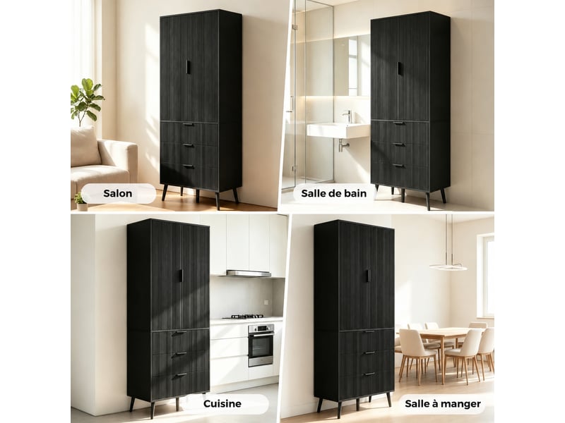  Meuble de cuisine muvano, armoire de cuisine haute noire en mdf, 2 portes et 3 tiroirs, 75 × 35 × 180 cm  - Conforama C