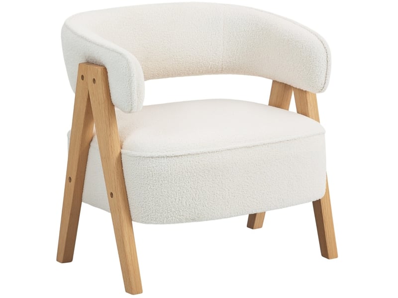  Fauteuil d’appoint moderne en tissu bouclette blanc avec pieds en bois  - Conforama A