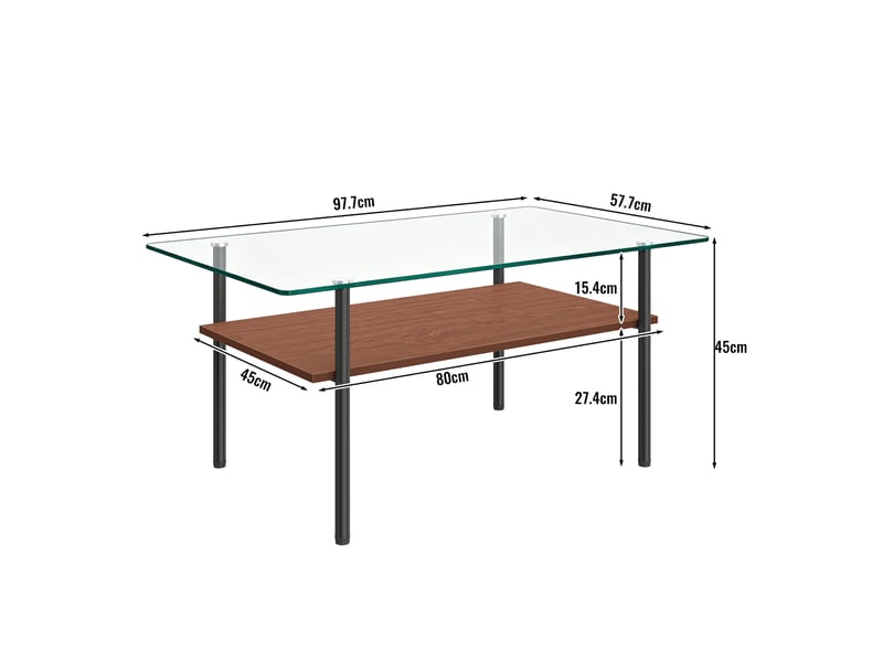 Table basse avec plateau en verre, étagère de rangement en mdf et structure en métal noir, pour salon, 98 × 58 × 45 cm - Conforama E