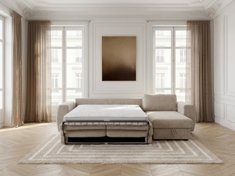  Bobochic canapé d'angle réversible convertible coffre hugo ouverture express tissu texturé beige 140x190 réversible HUGO - Conforama D