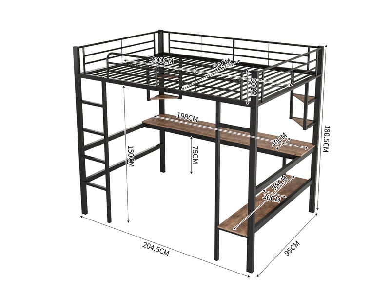 Lit mezzanine 90x200 cm avec étagères, structure acier, sommier, protection, métal + mdf, noir, sans matelas - Conforama C