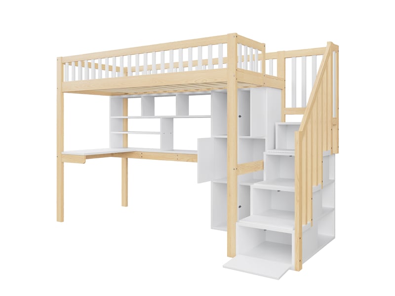 Lit mezzanine blanc et naturel 90x200 cm, led, bureau, escalier-rangement, étagères - Conforama D