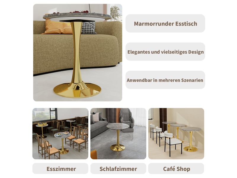 Table basse ronde à pieds hauts avec plateau en marbre artificiel, style moderne, pour salon et salle à manger, doré  - Conforama E
