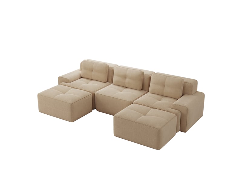  Canapé modulable en u 3 places avec 2 ottomans en velours côtelé beige  - Conforama A