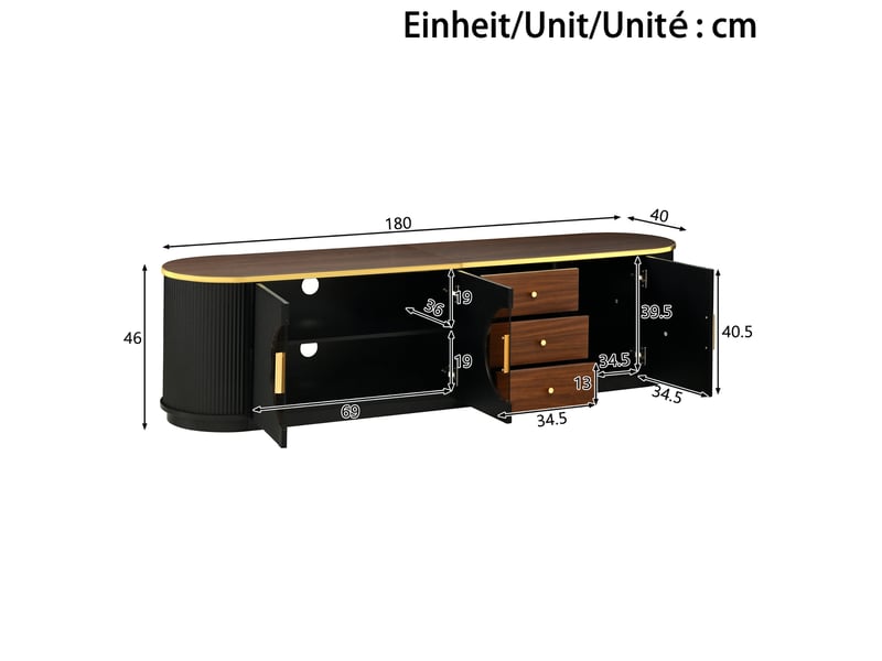  Meuble tv modenvie 180 x 40 x 46 cm 3 tiroirs 3 portes mdf noir verre brun  - Conforama C