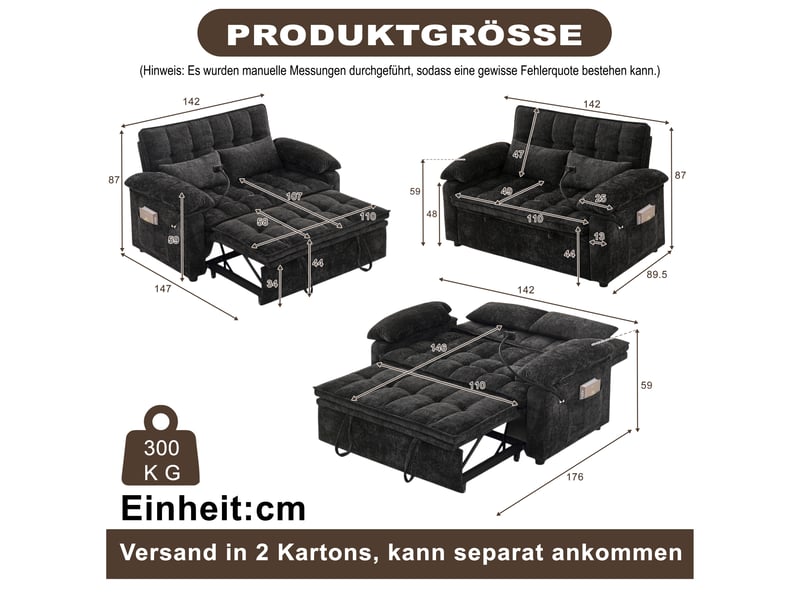  Canapé convertible 3-en-1 142 x 90 x 87 cm avec assise moelleuse, 2 coussins lombaires, tablette et porte-gobelet, chenille, noir OMNIGLINT TRADING LTD - Conforama D