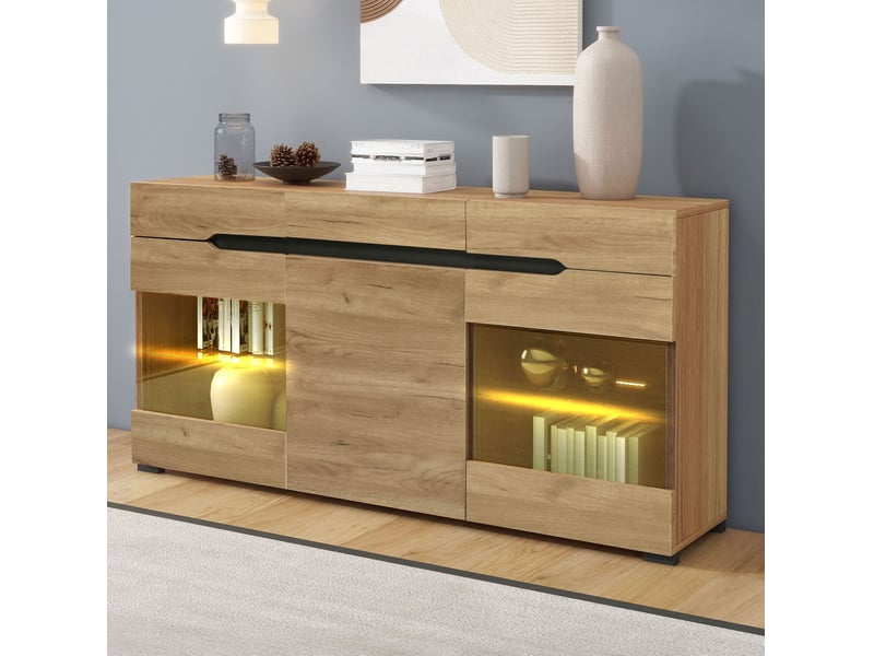  Buffet bas 140x35x80 cm 3 portes 3 tiroirs led coloris chêne clair  - Conforama D