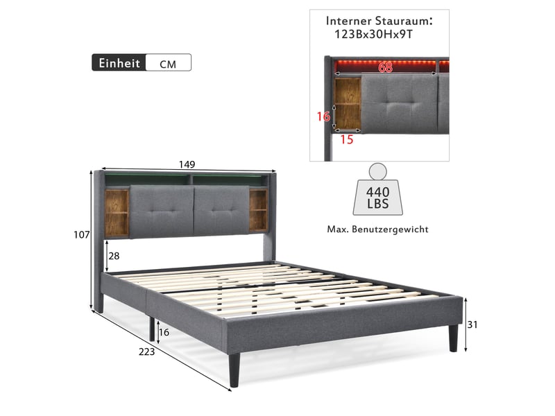  Lit double 140 x 200 cm gris avec tête de lit rangement, led, usb et matelas  - Conforama E